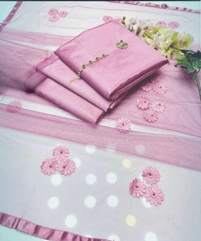 3 Piece Women’s Unstitched Katan Silk Suit | Plain Shirt, Trouser & Net Dupatta – Pink | Free Shipping