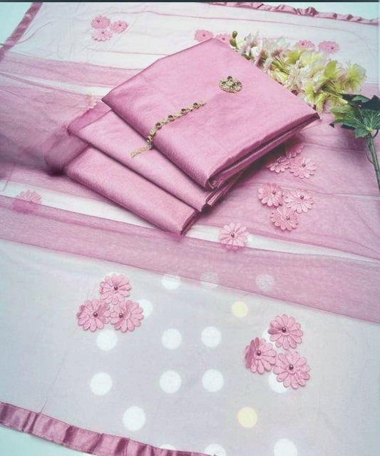 3 Piece Women’s Unstitched Katan Silk Suit | Plain Shirt, Trouser & Net Dupatta – Pink | Free Shipping