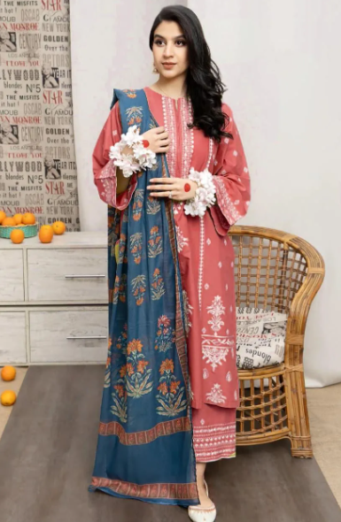Piece Women’s Unstitched Embroidered Suit | Dhanak Fabric with Wool Digital Print Dupatta – Pink | Free Shipping