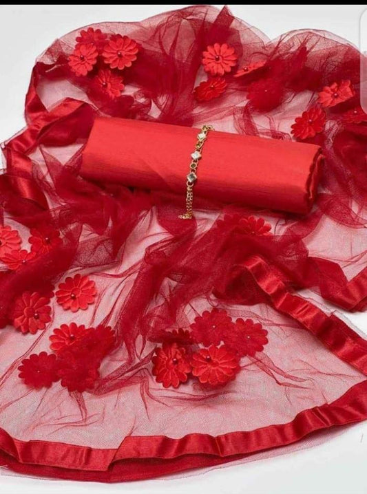 3 Pcs Women’s Unstitched Katan Silk Suit – Red | Plain Shirt, Trouser & Dupatta | Free Shipping