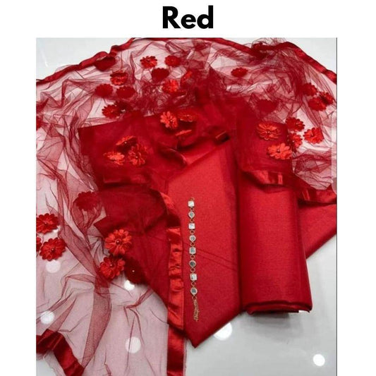 3 Pcs Women’s Unstitched Katan Silk Suit – Red | Plain Shirt, Trouser & Dupatta | Free Shipping