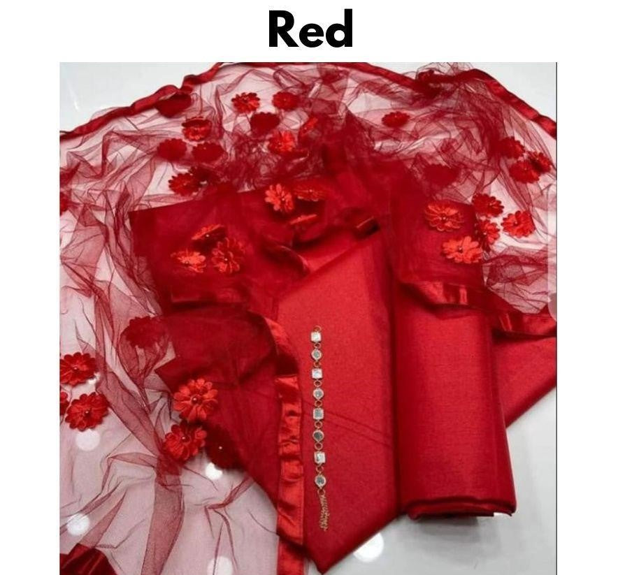 3 Pcs Women’s Unstitched Katan Silk Suit – Red | Plain Shirt, Trouser & Dupatta | Free Shipping