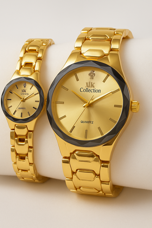 Gold Couple Watch Set in Pakistan | Luxury Quartz Watches for Him & Her | Polished Bracelet Design | Free Shipping