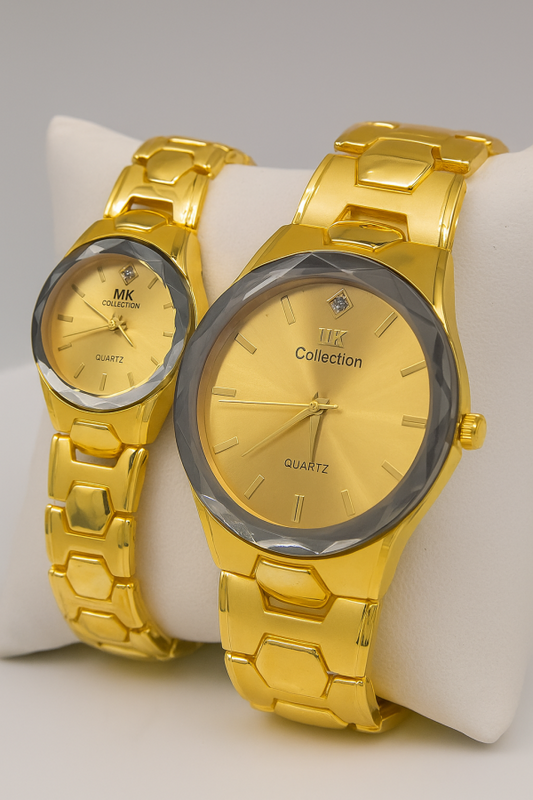 Gold Couple Watch Set in Pakistan | Luxury Quartz Watches for Him & Her | Polished Bracelet Design | Free Shipping