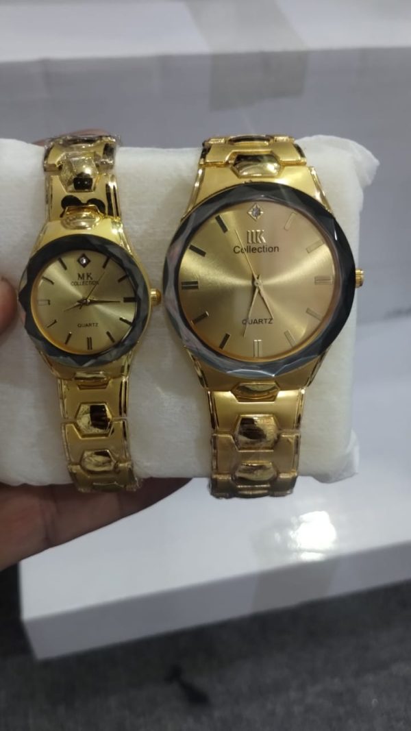 Gold Couple Watch Set in Pakistan | Luxury Quartz Watches for Him & Her | Polished Bracelet Design | Free Shipping