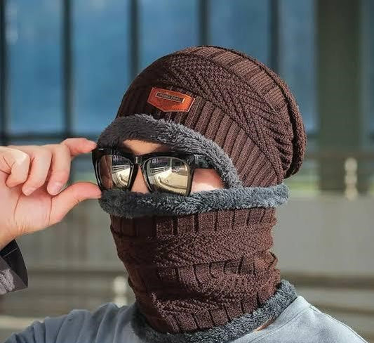 Unisex Woolen Cap & Neck Warmer Set – Brown | Ultra-Soft & Warm | Free Shipping